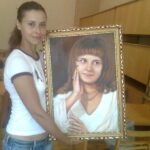 An artist with a portret of woman.  The picture is located private collection.
